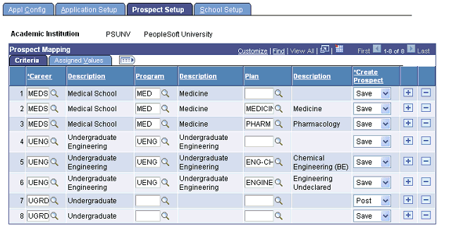 Prospect Setup page: Criteria tab