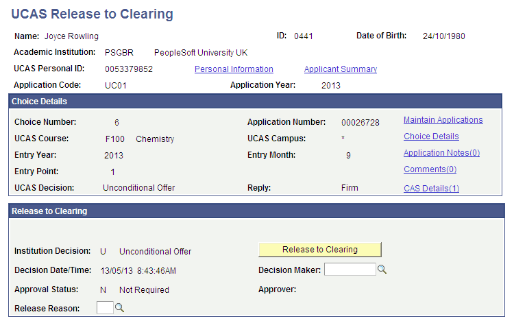 UCAS (Universities and Colleges Admissions Service) Release to Clearing page