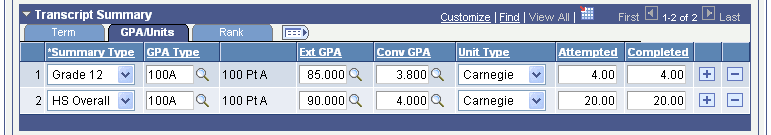 External Education page: GPA (grade point average)/Units tab