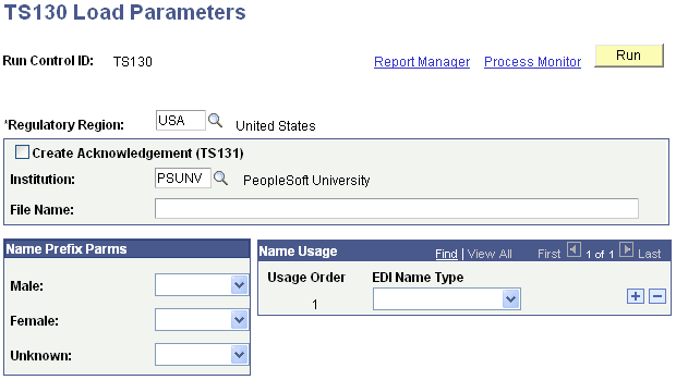 TS130 (Transaction Set 130) Load Parameters page