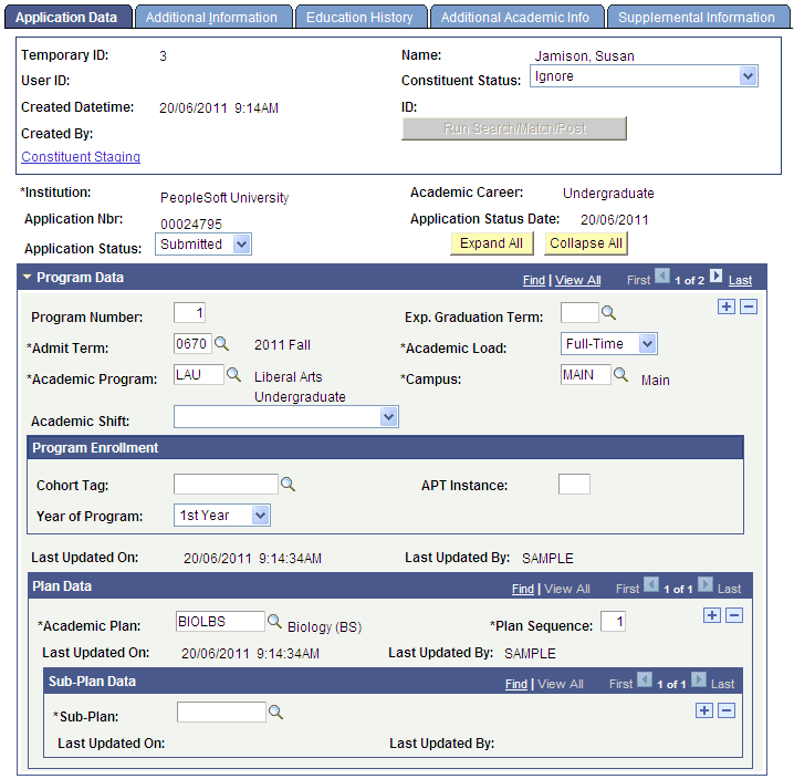 Application Data page (1 of 3)