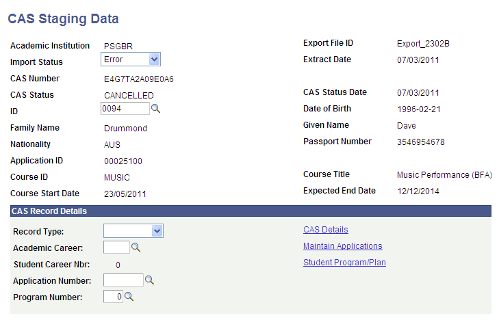 CAS (Confirmation of Acceptance of Studies) Staging Data page