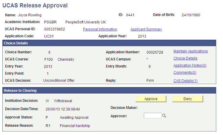 UCAS (Universities and Colleges Admissions Service) Release Approval page
