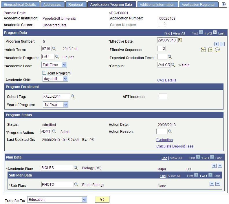 Application Program Data page