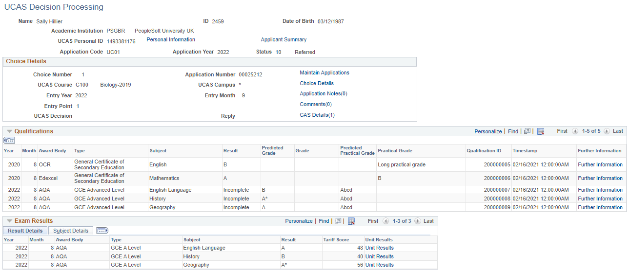 UCAS (Universities and Colleges Admissions Service) Decision Processing page (1 of 3)