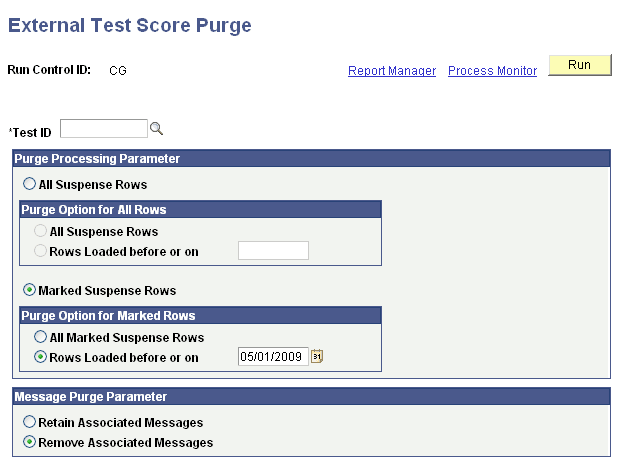 External Test Score Purge page