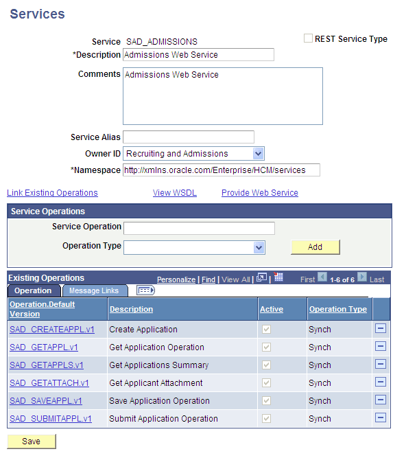 The six service operations of SAD_ADMISSIONS service