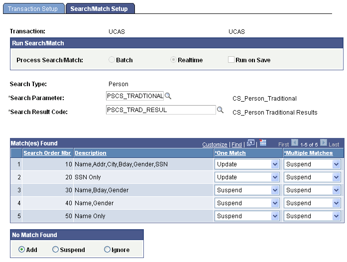 Search/Match Setup page for UCAS (Universities and Colleges Admissions Service)