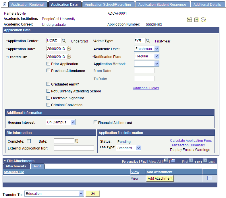 Application Data page
