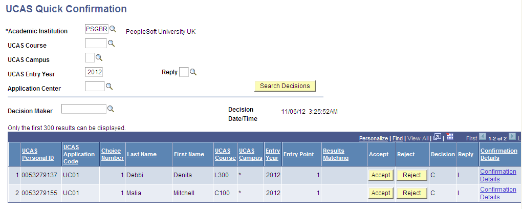UCAS (Universities and Colleges Admissions Service) Quick Confirmation page