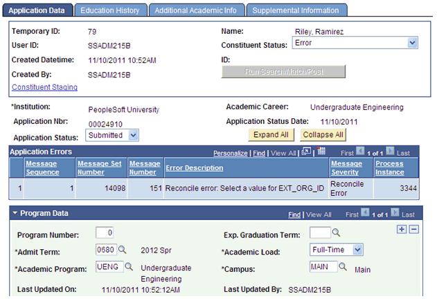 Example of an error message in the Application Transactions component