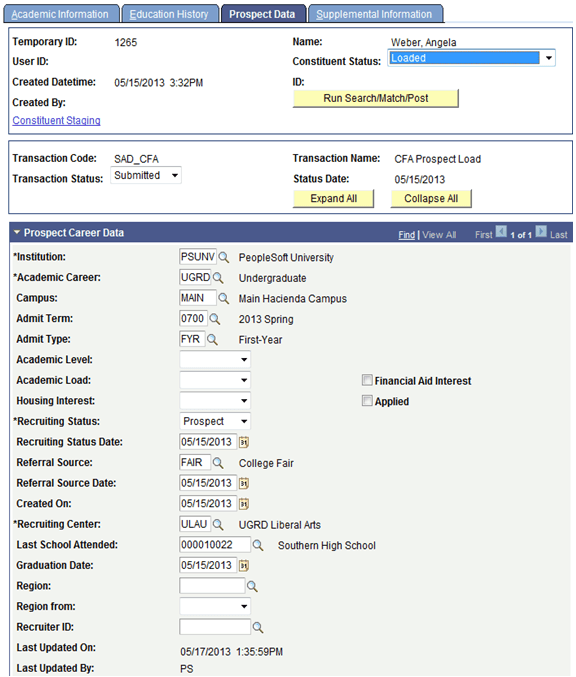 Prospect Data page (1 of 2)