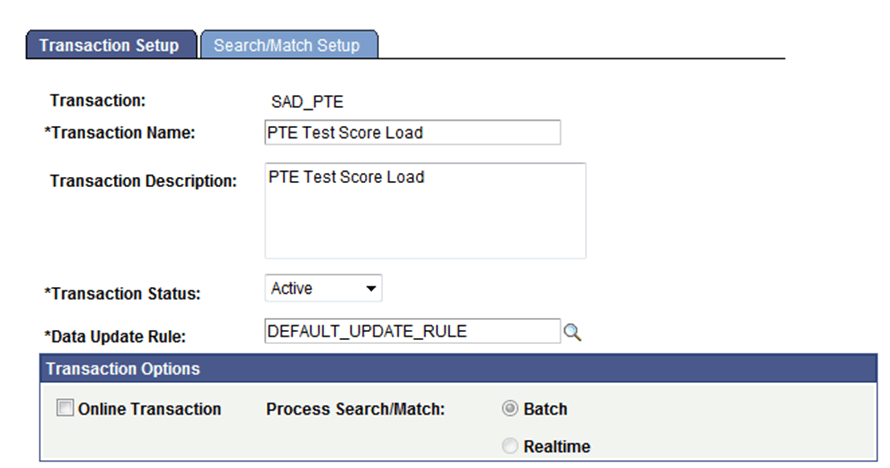 Sample Transaction Setup for Prospect/Admissions Data Load (1 of 2)