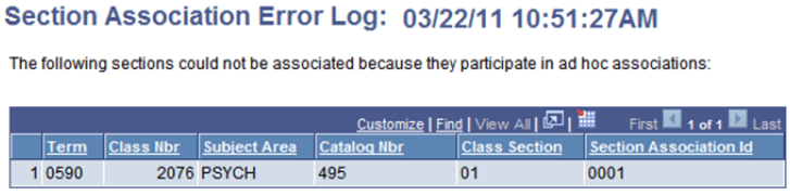 Section Association Error Log page