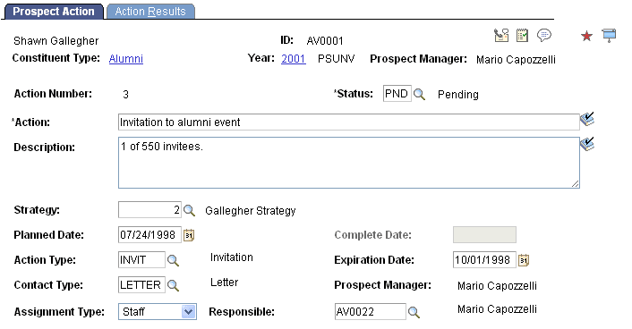 Prospect Action page (1 of 2)