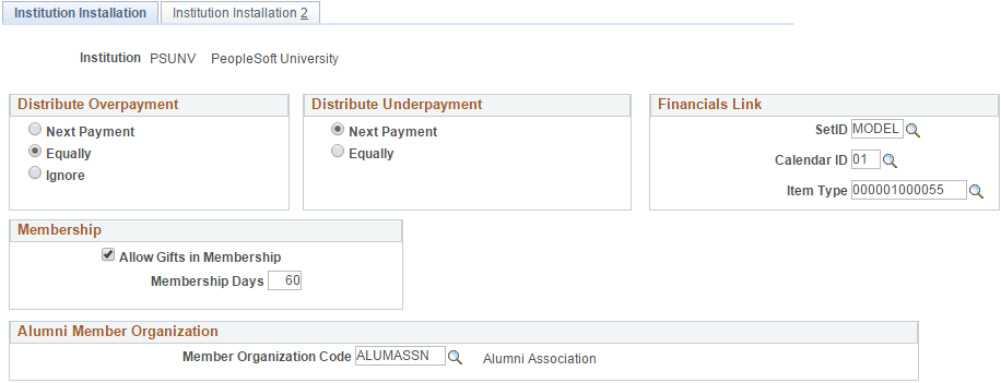 Institution Installation page