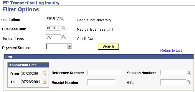 EP (Electronic Payment) Transaction Log Inquiry - Filter Options page