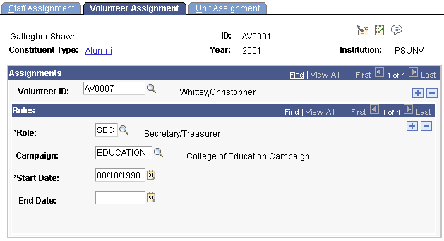 Volunteer Assignment page