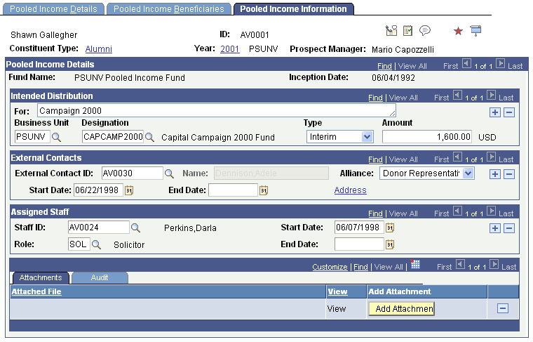 Pooled Income Information page
