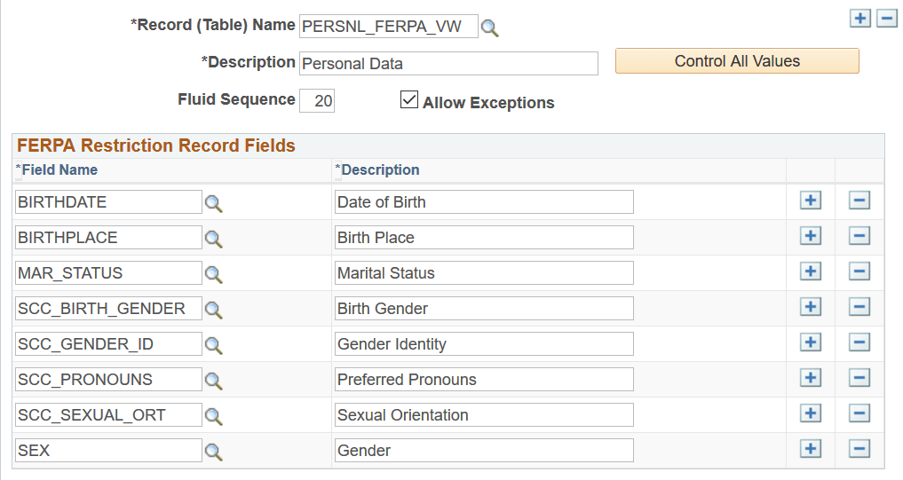 FERPA (Family Educational Rights and Privacy Act) Control page (5 of 5) - Biographic Fields