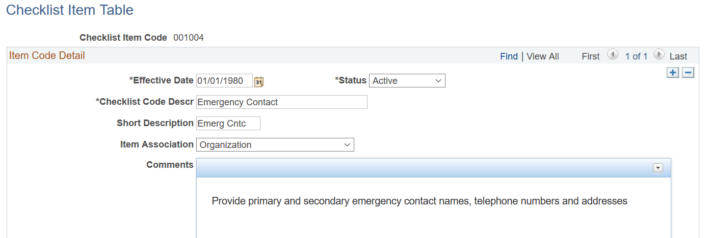 Checklist Item Table page (1 of 2)