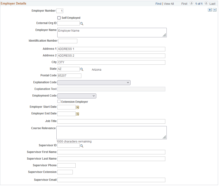 Employer Details Grid for OPT Employment Type