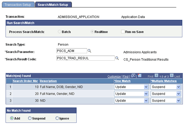Search/Match Setup page