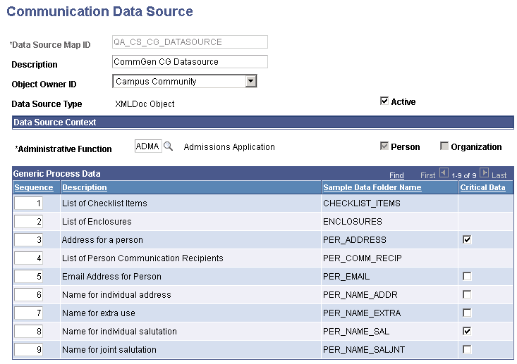 Communication Data Source page (1 of 2)