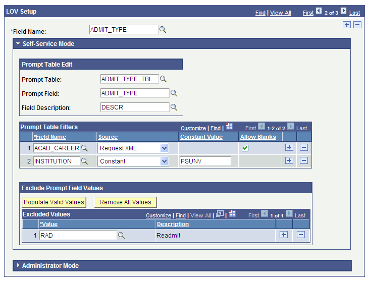List of Values Setup page (2 of 2)