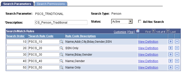 Search Parameters page