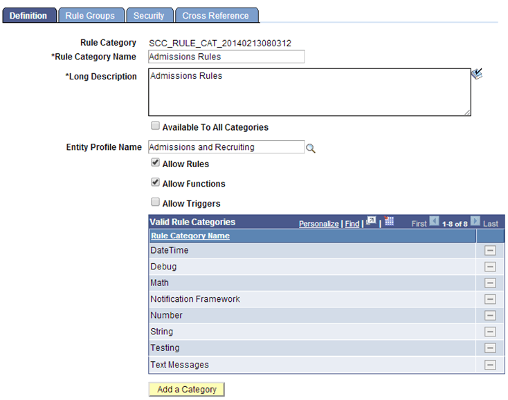 Rule Category Definition page