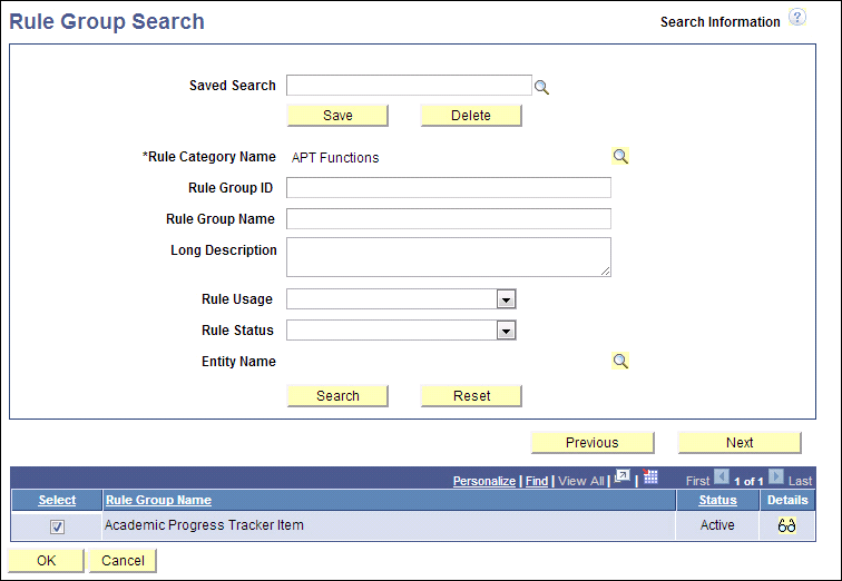 Rule Group Search Options page