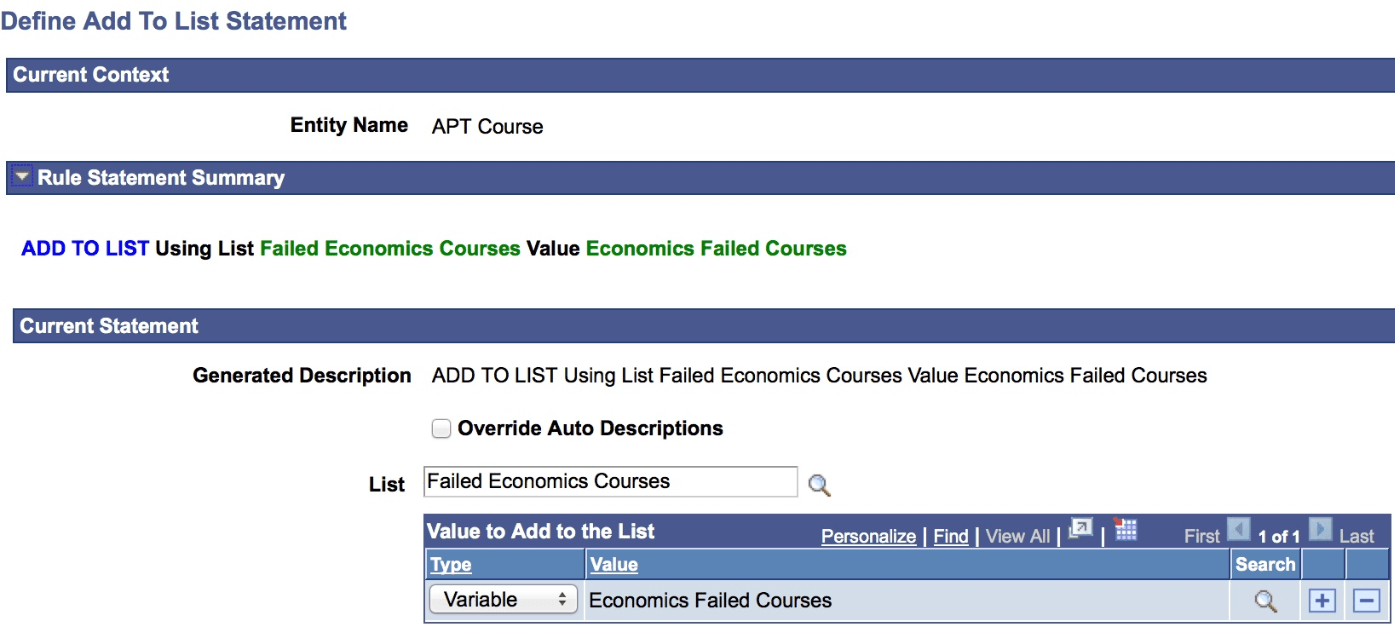 Example of ADD TO LIST statement page with Value to Add to the List Grid