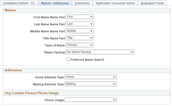 Names / Addresses page