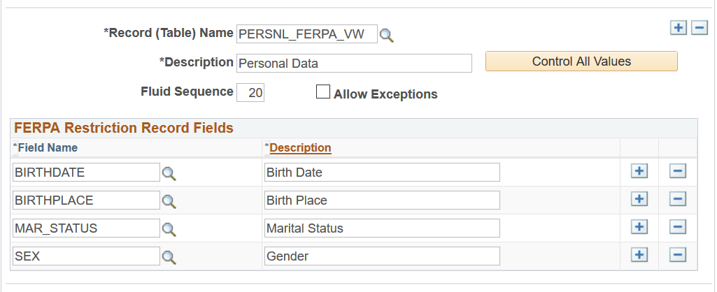 FERPA (Family Educational Rights and Privacy Act) Control page (3 of 5) - Personal Data