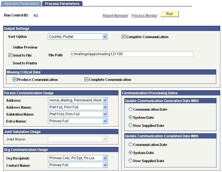 Process Parameters page