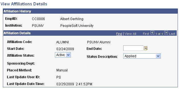 View Affiliations Details page