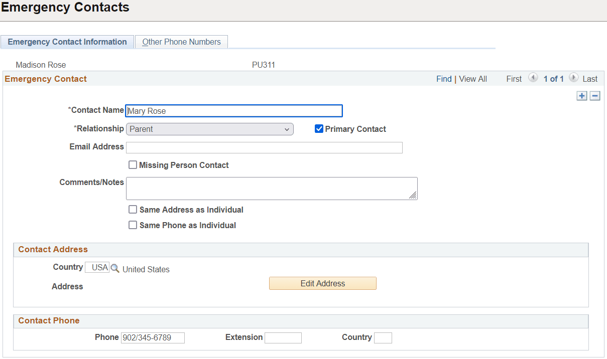 Emergency Contact Information page