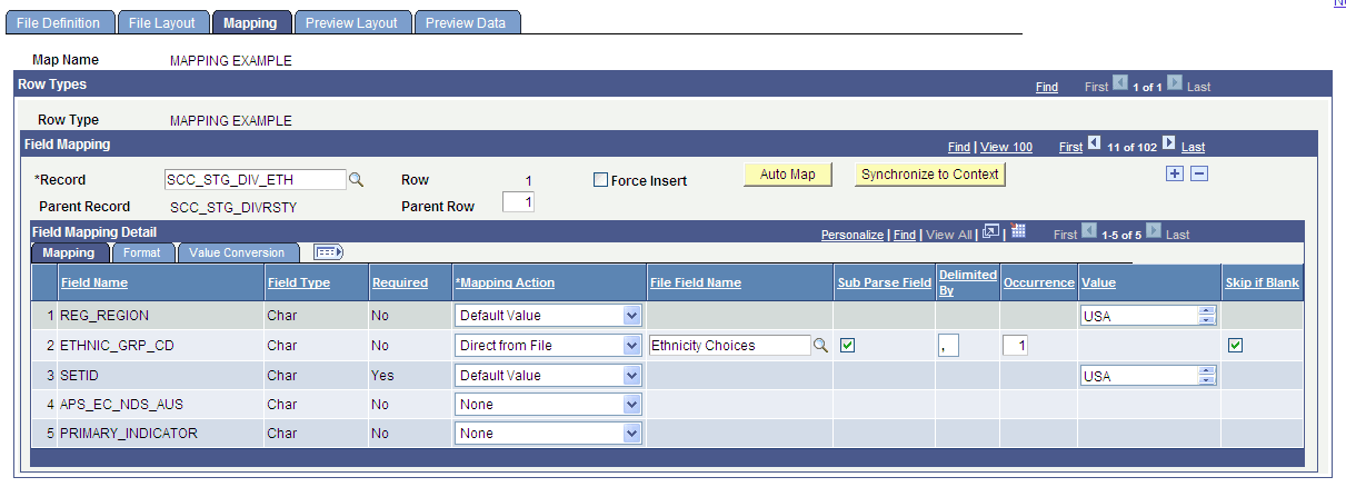 Mapping page - Mapping tab with the Sub Parse Field check box selected