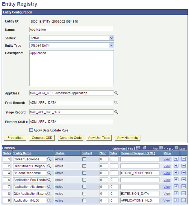 Example of Entity Registry component with the parent staging record for the parent entity Application