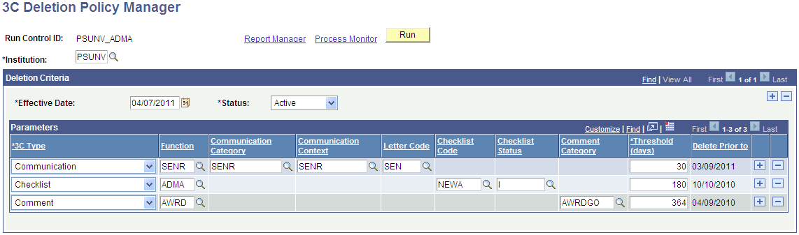 3C (communications, comments, and checklists) Deletion Policy Manager page