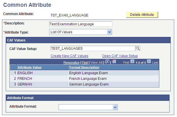Example of a Common Attribute page for List of Values