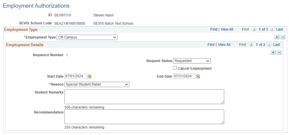 Employment Authorizations (Off-Campus Employment Type) page