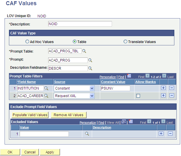 CAF (Common Attribute Framework) Values - LOV Definition page (list of values retrieved from a table)