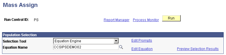 Example of the Population Selection group box with the Equation Engine tool selected