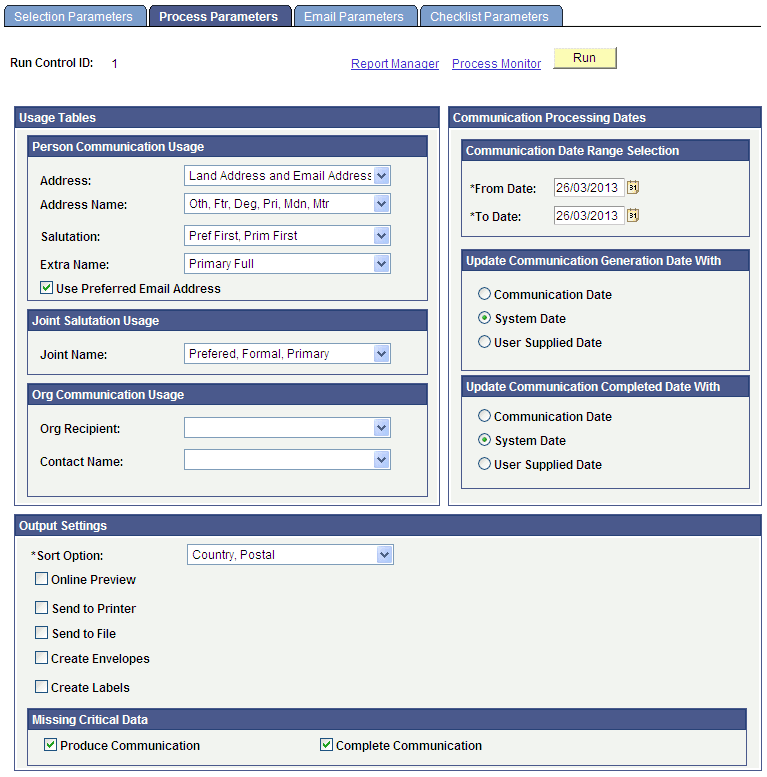Process Parameters page