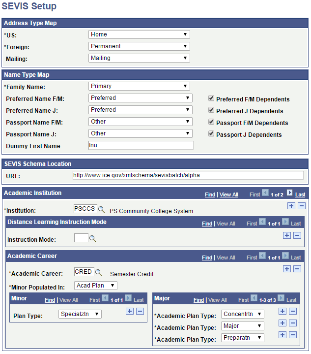 SEVIS (Student and Exchange Visitor Information System) Setup page