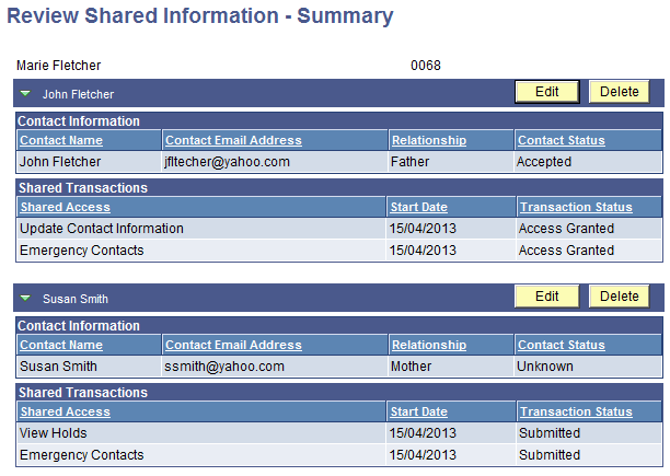 Review Shared Information - Summary page