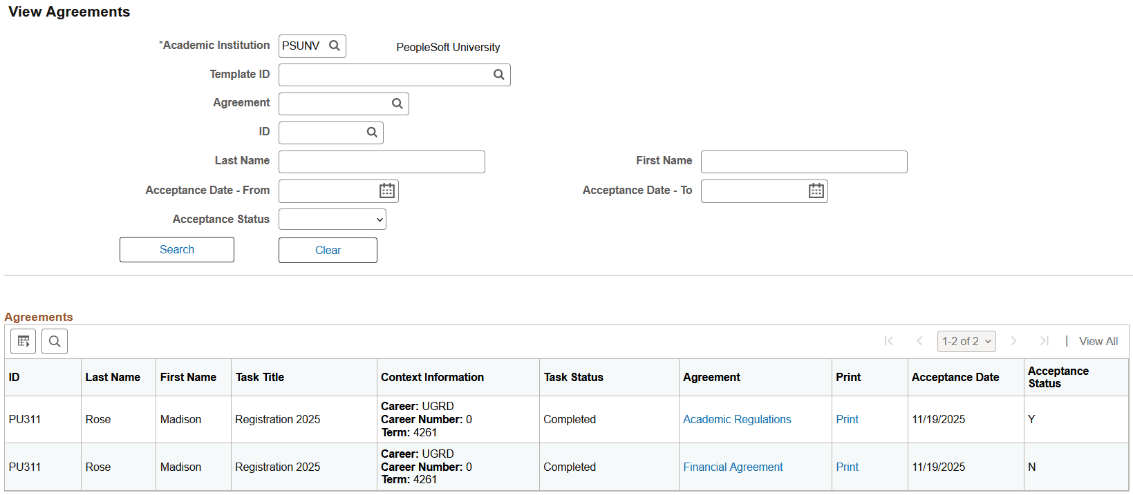 View Agreements page