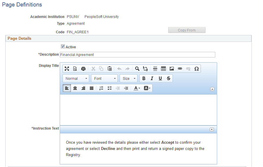 Page Definitions page (1 of 2)